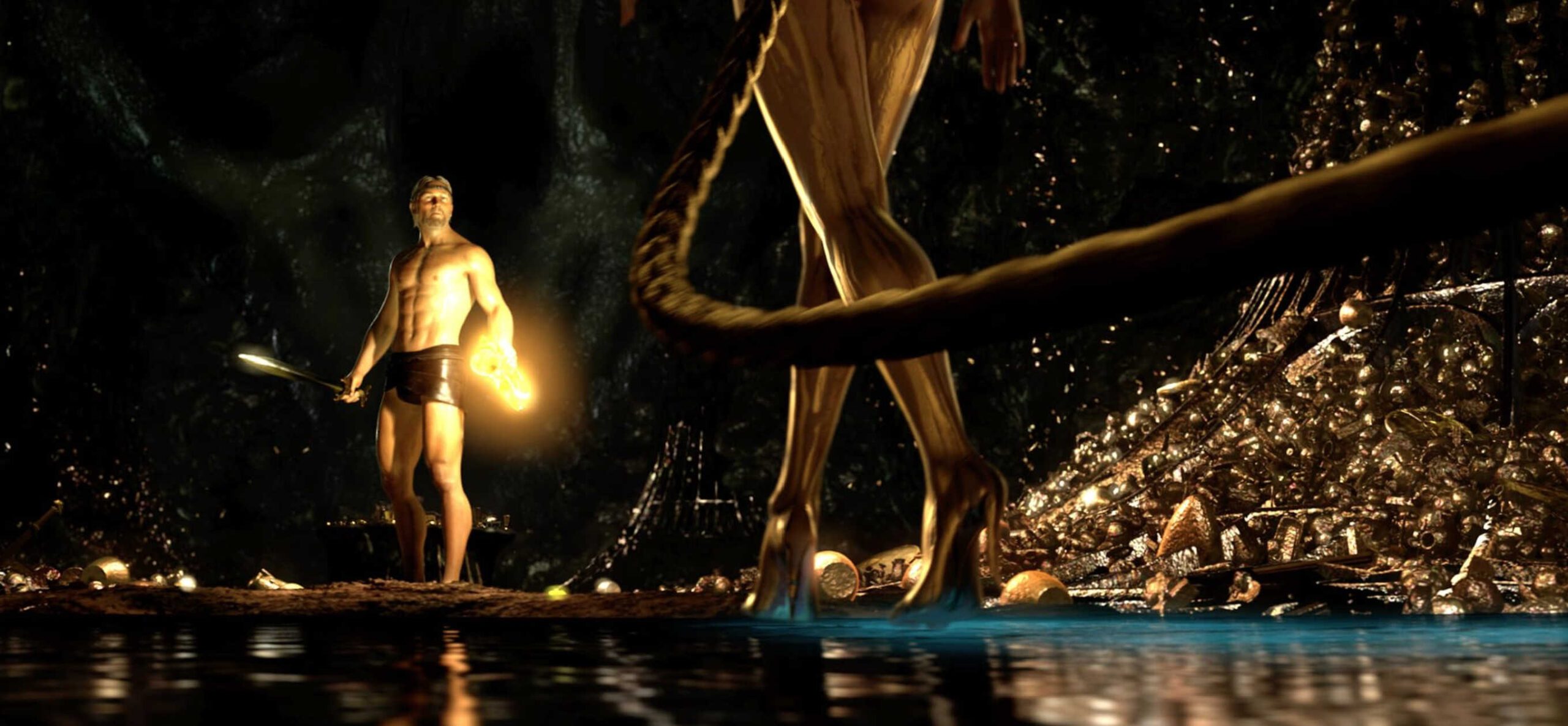 What is an Epic Poem? Definition & Key Features 2 Beowulf stands shirtless in a dark, treasure-filled cave holding a glowing weapon, facing the tall, golden form of Grendel’s mother.