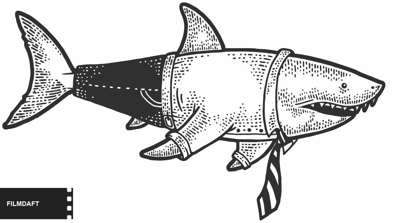 What Is a Dead Metaphor? When Imagery Goes to Die 2 A cartoon shark wearing a business shirt and tie, combining predator traits with office clothing to mock the “business shark” metaphor.