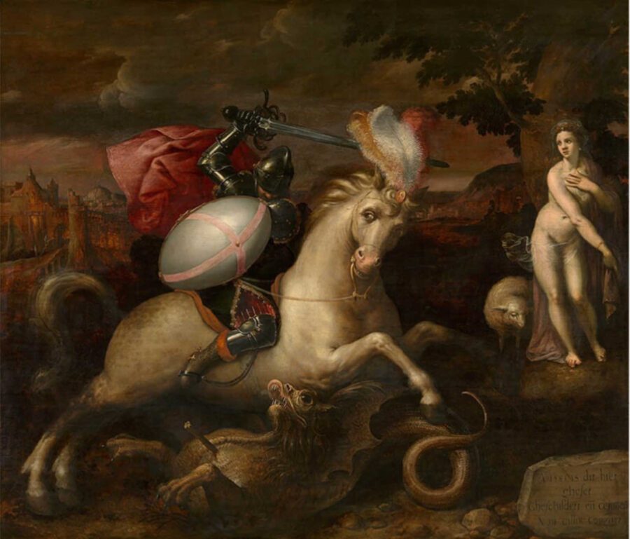 The Damsel in Distress Trope Explored: From Fairy Tales to Modern Movies 2 A knight in black armor raises his sword on horseback, striking a dragon beneath him, while a nude woman stands to the side watching with a sheep nearby.