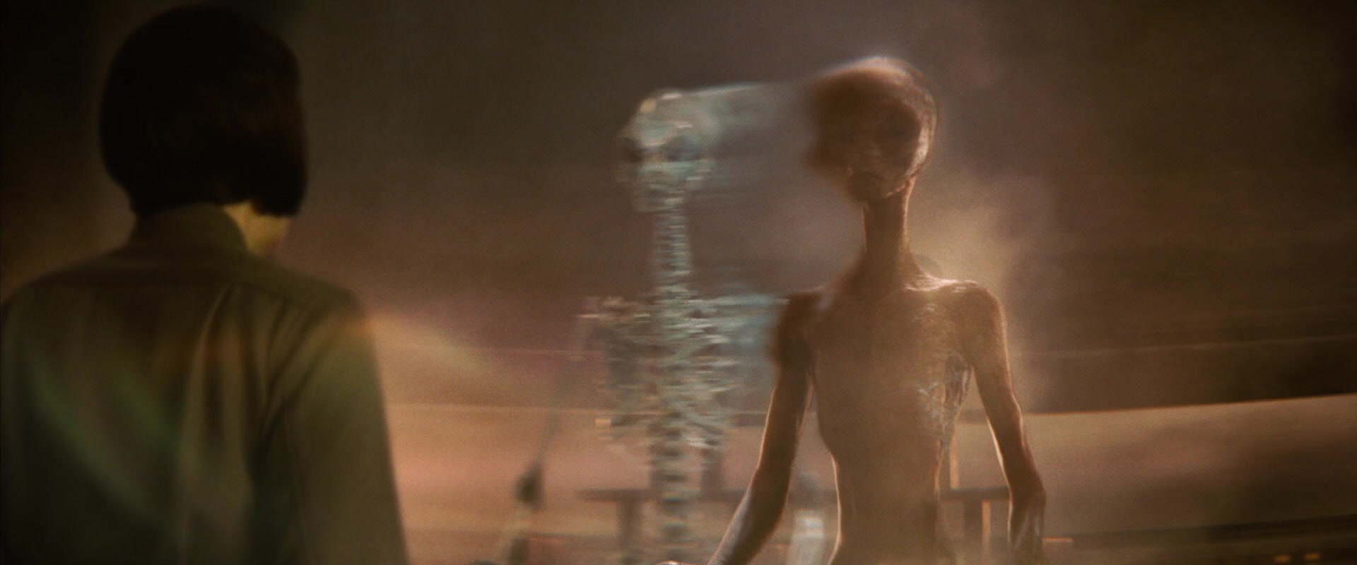 What is Suspension of Disbelief? Definition & Film Examples 5 A translucent alien figure surrounded by light stands in front of a character with their back turned, inside a dusty, glowing chamber