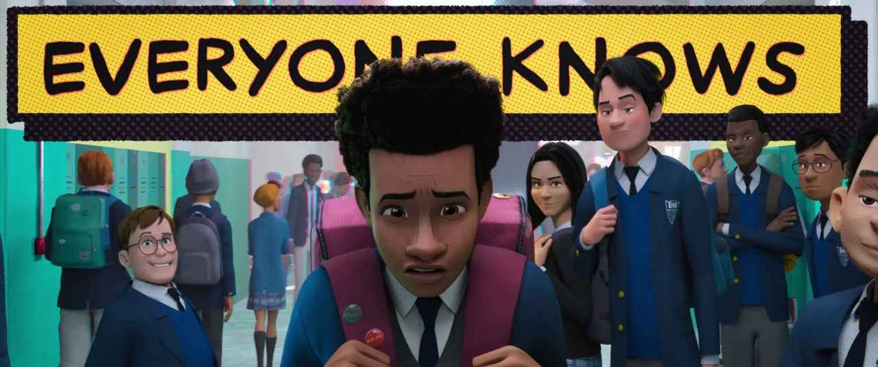 What Is a Story Mountain? Definition & Film Examples 4 Miles Morales looks nervous in a crowded school hallway with a comic-style sign reading "Everyone Knows" above him
