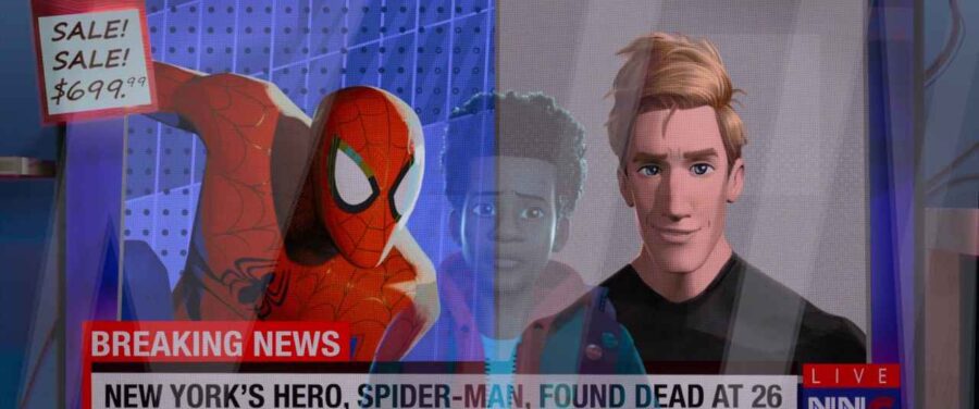 Rising Action in Film: Meaning, Function & Examples 9 A split-screen news broadcast shows Spider-Man’s masked image beside Peter Parker’s face, with the headline “New York’s Hero, Spider-Man, Found Dead at 26”