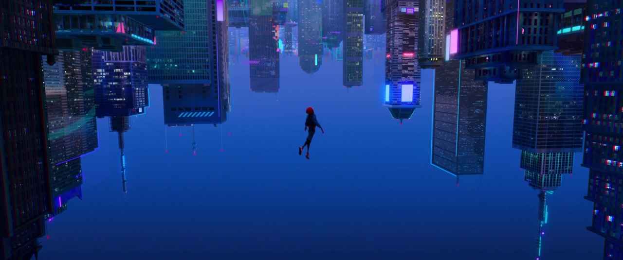 What Is a Story Mountain? Definition & Film Examples 5 Miles Morales falls through the air in front of an upside-down city skyline, silhouetted against a blue background