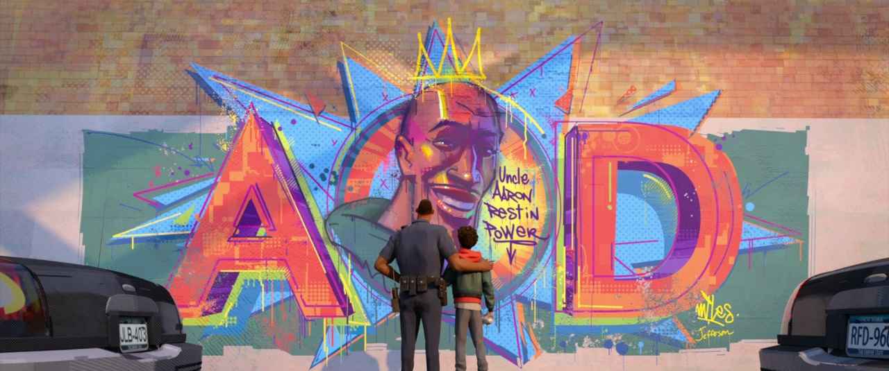 Falling Action in Stories: Meaning & Film Examples 4 Miles and his father stand arm-in-arm in front of a bright graffiti mural of Uncle Aaron with the words “Rest in Power” painted beside him.