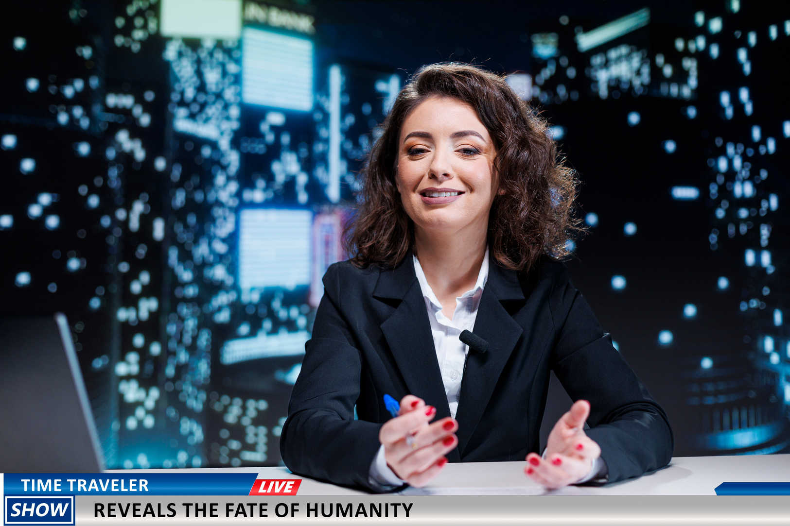 What Is a Talking Head Shot? Definition + How to Use It 4 Smiling news anchor in a suit sitting behind a desk, framed from the waist up with a cityscape background and a news ticker at the bottom.