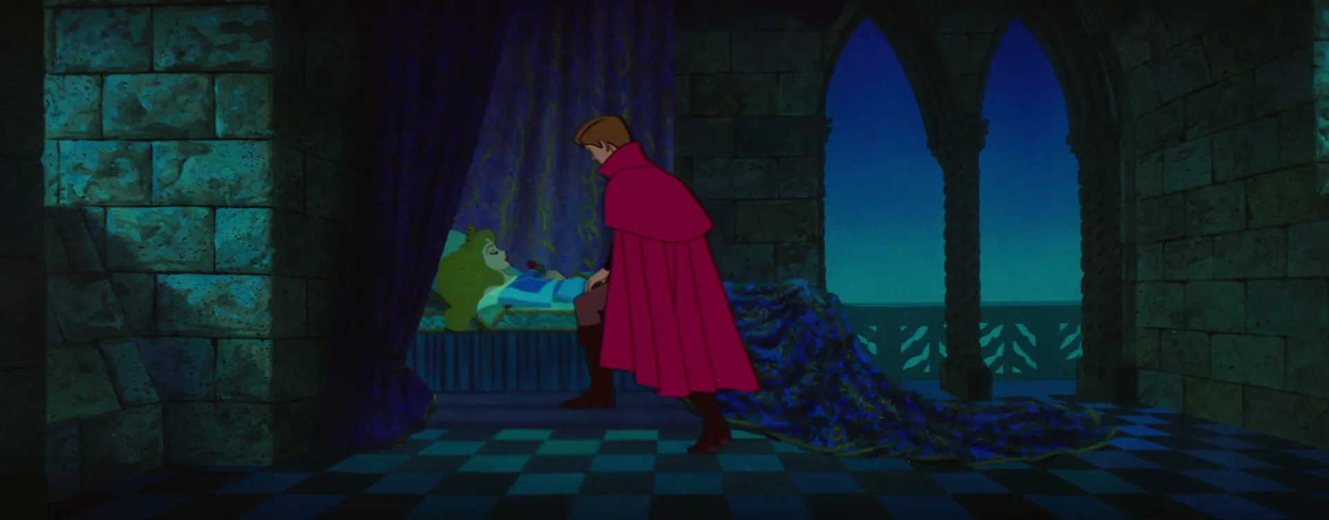 The Damsel in Distress Trope Explored: From Fairy Tales to Modern Movies 3 A prince stands beside a sleeping princess in a dark stone tower as moonlight shines through arched windows.