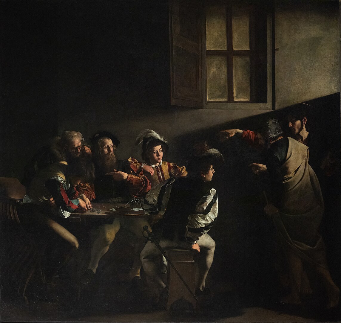 What Is a Focal Point in Art? Definition and Film Use 4 A dark room with a group of men seated at a table. A beam of light and outstretched arms draw attention to one surprised man.