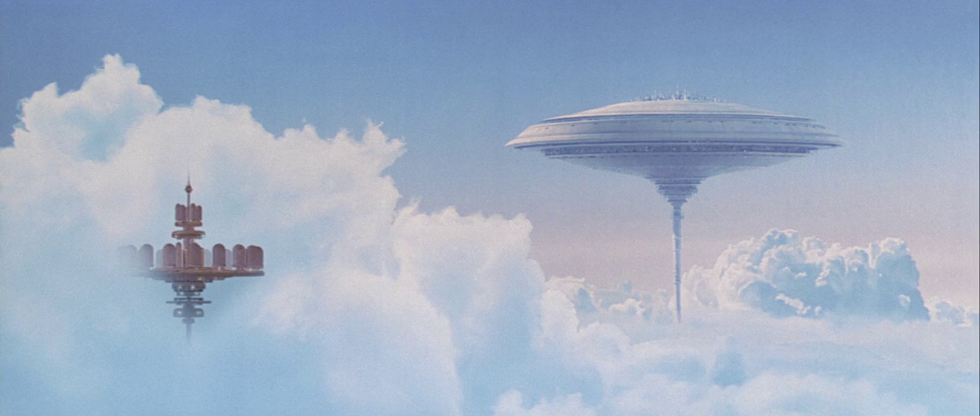 What Is World Building in Movies? Definition, Meaning & Examples 11 Two futuristic floating cities rest above thick clouds in a clear blue sky, one shaped like a disc tower.