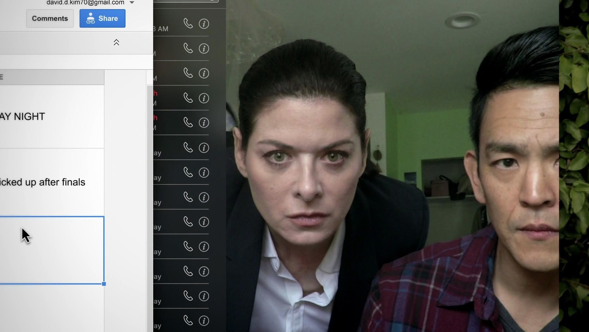 What Are Screenlife Movies? Definition and Examples 4 A man and a woman stare at a computer screen while digital call logs and emails appear in the foreground in Searching (2018)