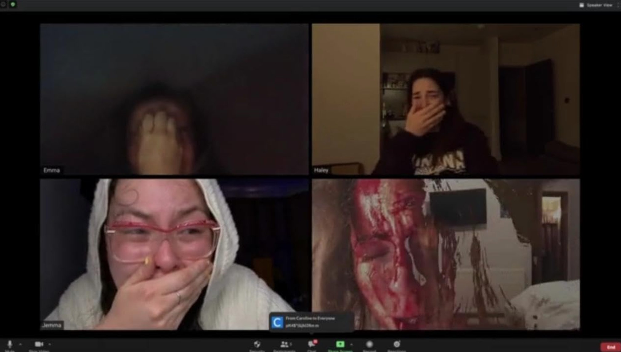 What Are Screenlife Movies? Definition and Examples 3 Four women react in horror during a bloody Zoom call in the film Host (2020), with one participant's face covered in blood