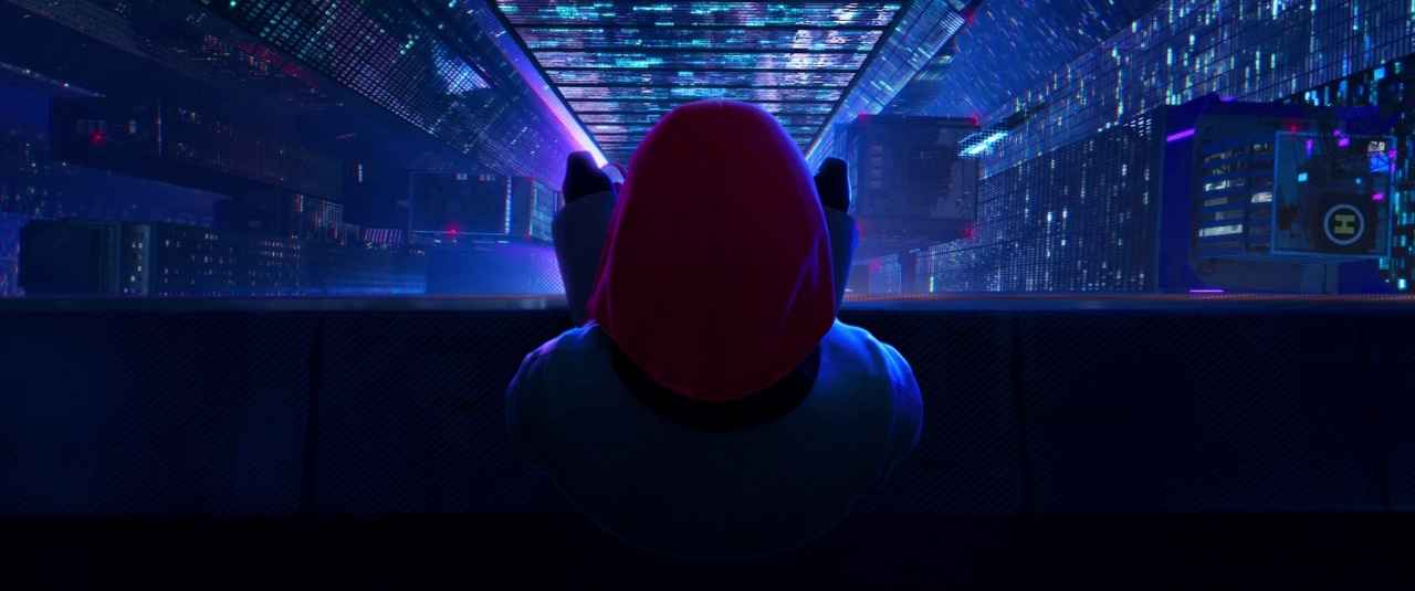 Settings Ideas and Examples for Film Scenes 4 Miles Morales in a red hoodie looks down from a skyscraper as the city appears upside down with glowing neon buildings