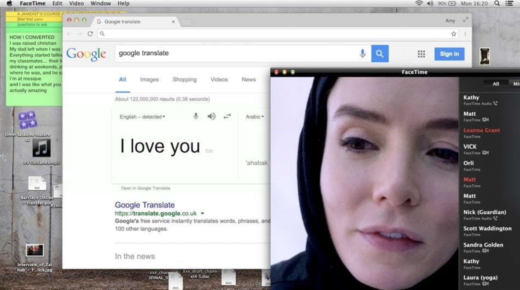What Are Screenlife Movies? Definition and Examples 5 A woman on a FaceTime call with Google Translate open on screen in Profile (2018), with desktop files and research notes visible