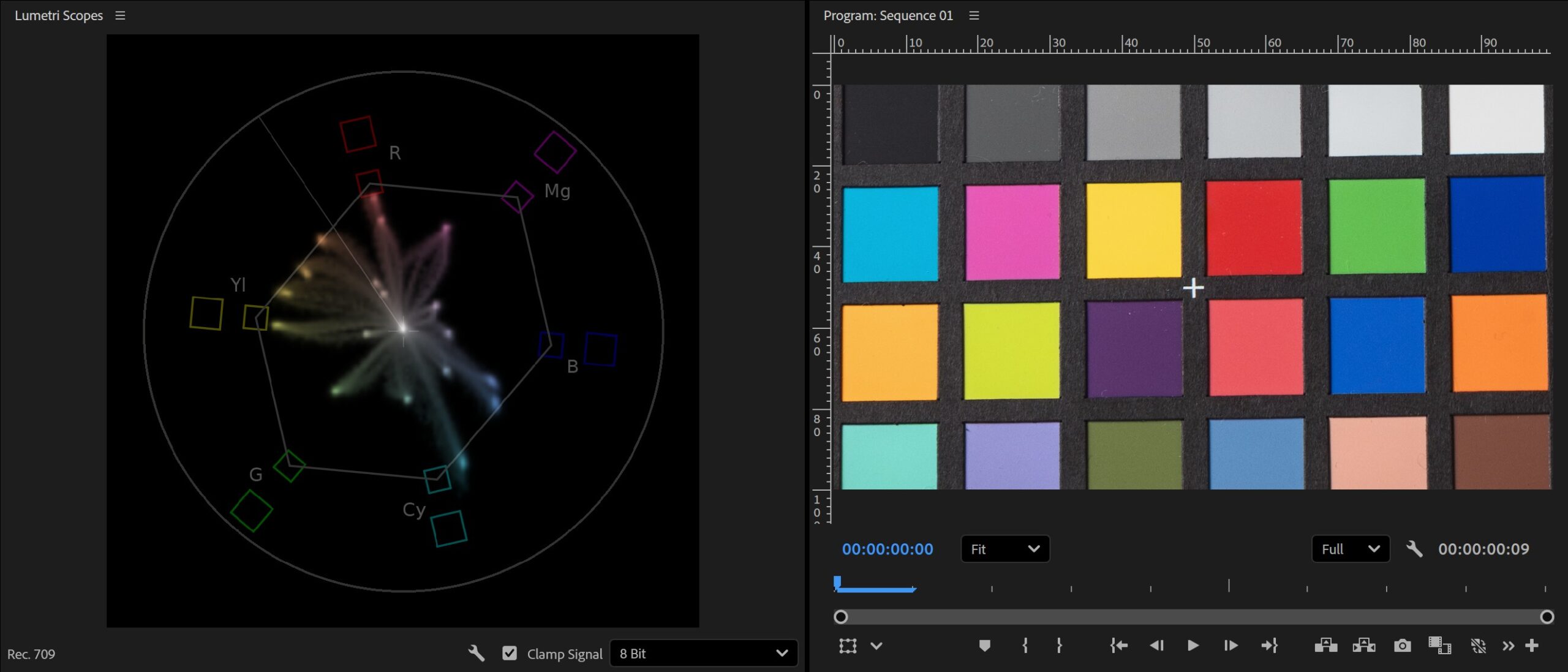 What Is a Vectorscope? Definition & How To Read It 3 Color checker chart next to a vectorscope with color traces pointing toward RGB and secondary hue targets