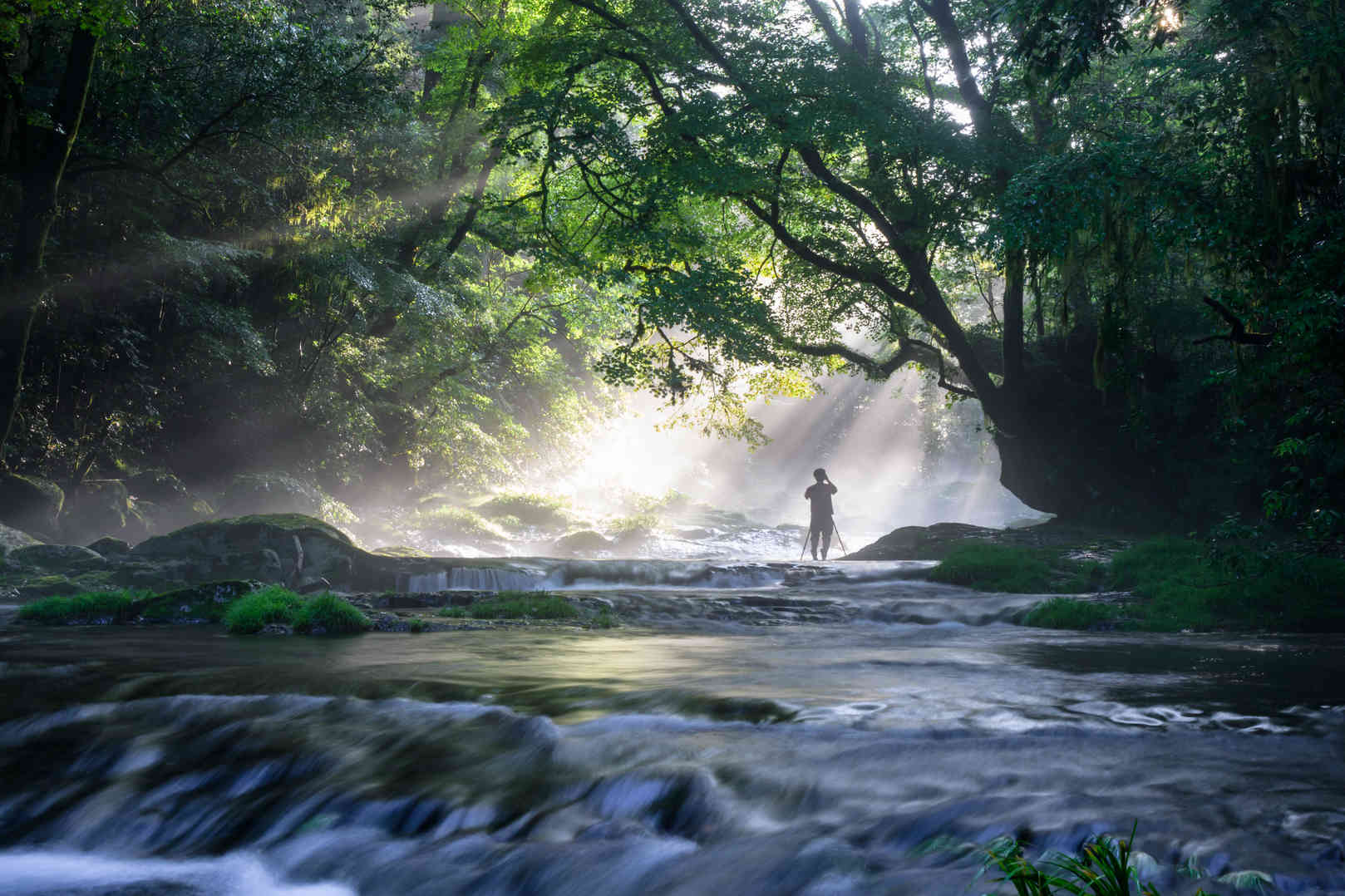 Volumetric Lighting Explained: Definition and On-Set Control 2 Sun rays streaming through trees onto a misty river, with a person standing on rocks near the water.
