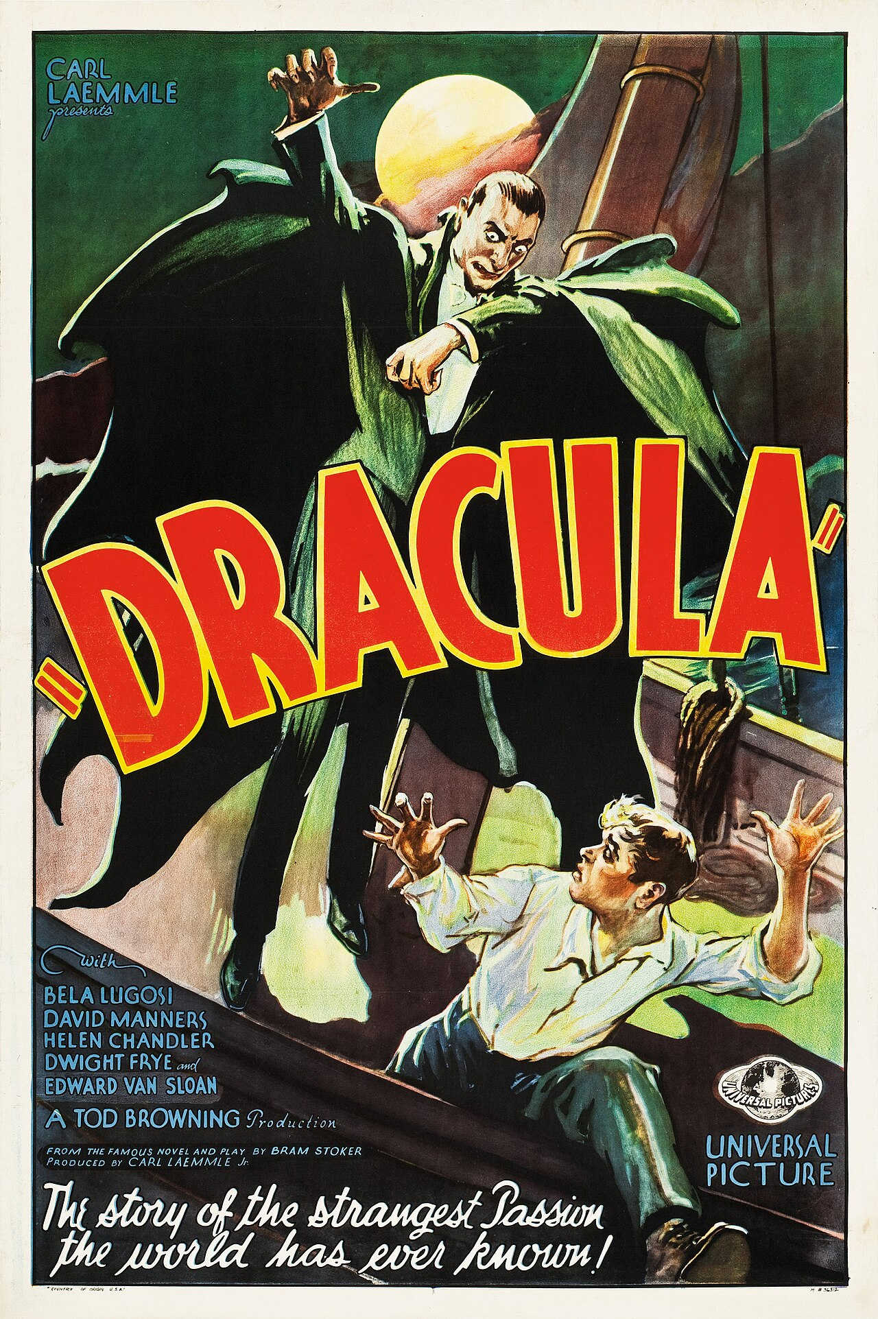 What Is Film Marketing? How Movies Are Promoted 2 Old movie poster for Dracula (1931) showing a vampire leaning over a scared man, with a full moon behind them.