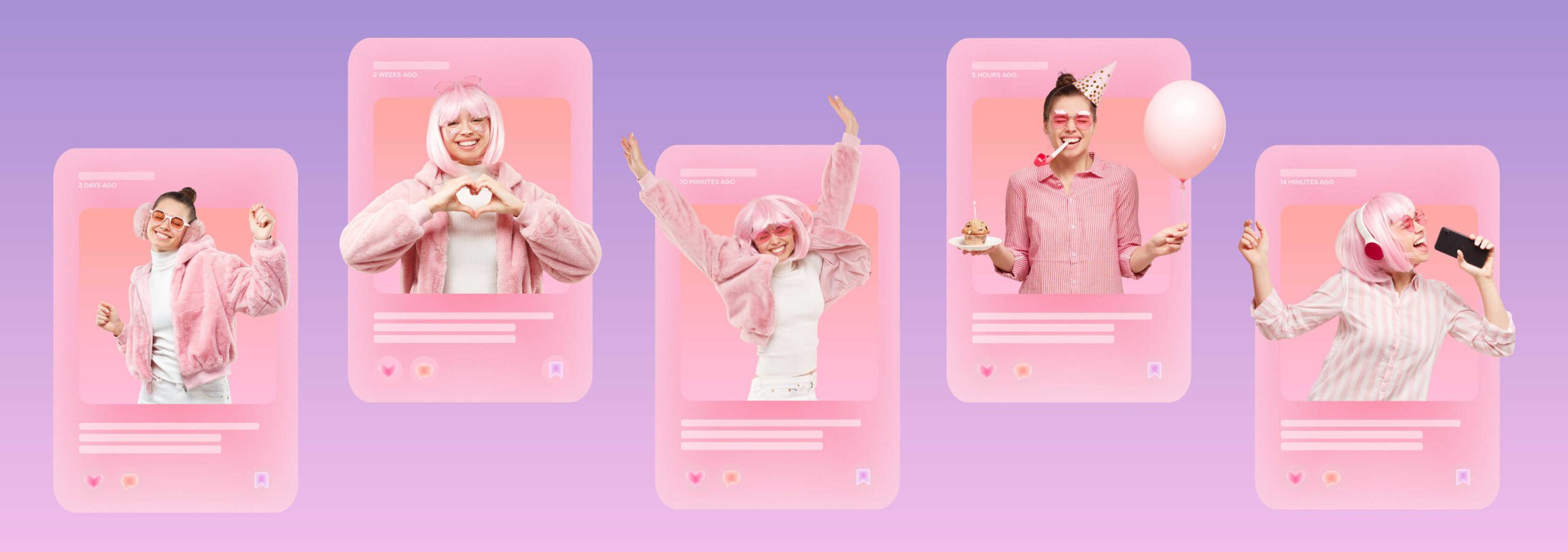 What Is Branded Content? Definition, Strategy & Film Guide 2 Five influencers in pink outfits framed like social media posts, showing different expressions and gestures in a pastel layout.