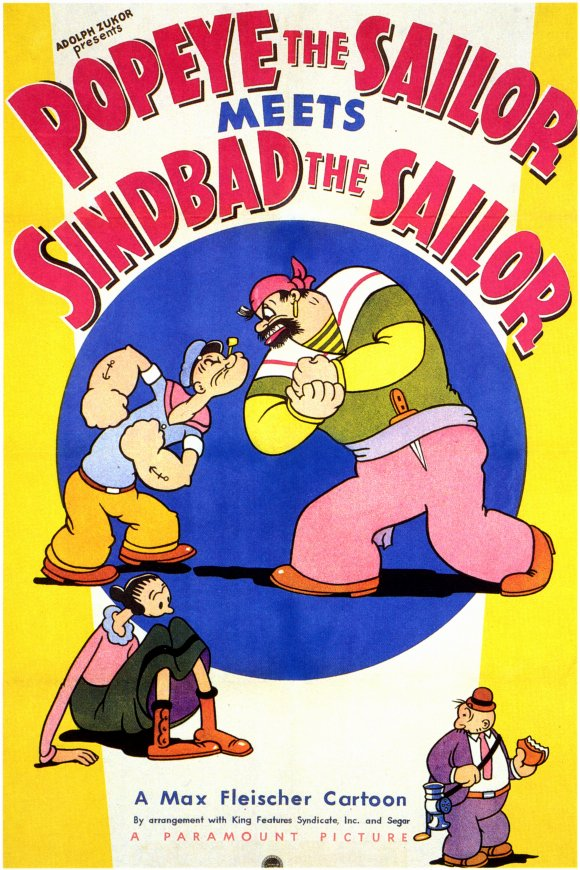 Early 3D in Animation: Popeye the Sailor Meets Sindbad the Sailor (1936). A Case Study 3 Color poster for the 1936 Popeye cartoon showing Popeye facing off with Sindbad, with Olive Oyl and Wimpy nearby.
