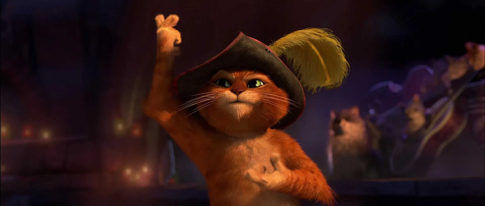 What Is a Spin-Off? Definition & Iconic Examples 2 Puss in Boots striking a dramatic pose in a stylized flamenco bar, wearing a feathered hat