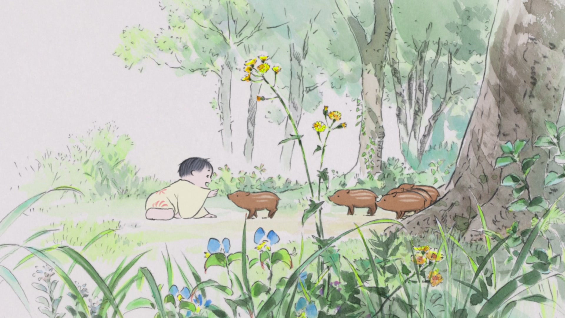 What is a Legend? Definition, Meaning, and Film Examples 2 A small child in a pale robe crawls on the ground and reaches toward three brown wild boar piglets in a misty forest with tall grass and flowers.