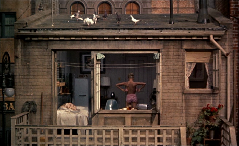 Structuralism in Film Theory: Key Concepts and Analysis 7 A courtyard view of an apartment across the way with its wall opened to reveal the interior. A man stands with his back to the camera inside the room, with a bed, kitchen area, and rooftop pigeons visible.