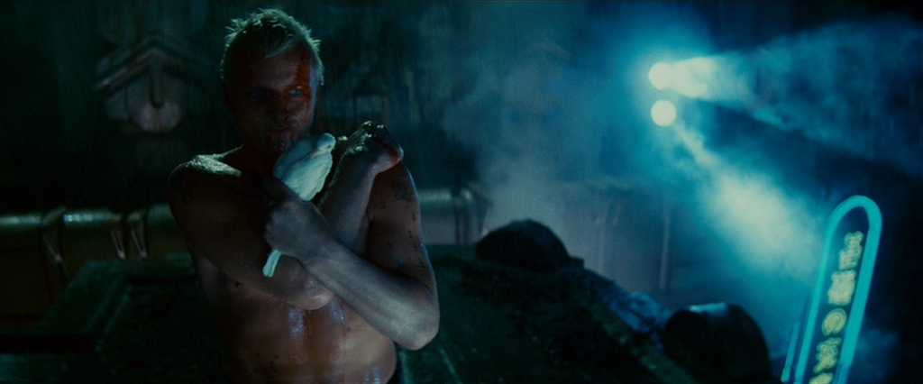 Postmodern Film Theory: What It Is and How It Works 7 Roy Batty stands shirtless in the rain, wet and bruised, holding a white dove against his chest while blue light and mist glow behind him.