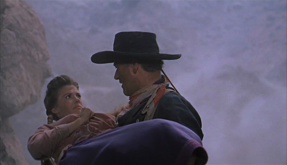 Structuralism in Film Theory: Key Concepts and Analysis 3 A cowboy in a black hat holds a young woman in his arms against a pale sky and rocky background.