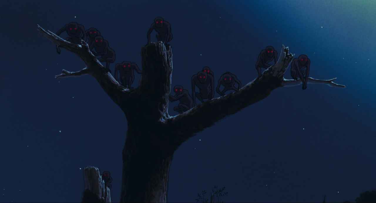 Ecocriticism in Film Studies: Theory, Methods, and Key Concepts 3 Dark demonic figures with glowing red eyes perch on the bare branches of a dead tree against a deep blue night sky in Princess Mononoke (1997).