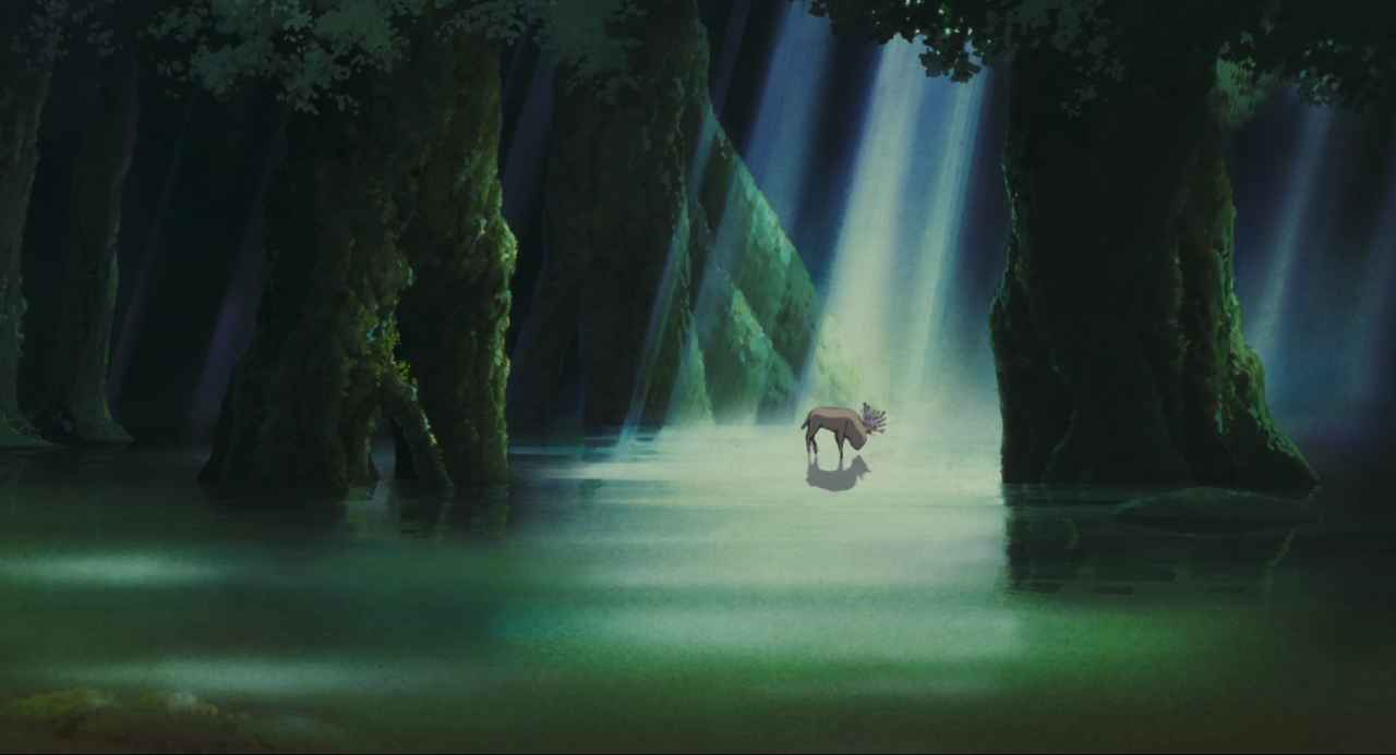 Ecocriticism in Film Studies: Theory, Methods, and Key Concepts 6 The Deer God stands small in a dark forest pool surrounded by towering moss-covered trees, with beams of light breaking through the canopy in Princess Mononoke (1997).